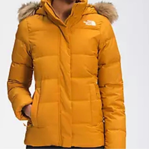 NWT The North Face puffer down Citrine Yellow jacket removal faux fur hood, XS - Picture 1 of 12